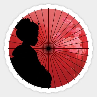 Vintage comic japanese flag with geisha girl, sakura flower, umbrella Sticker